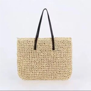 Woven Straw Tote Bag with Black Handles